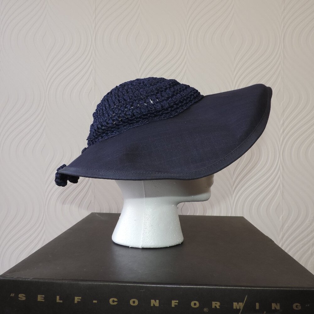 Vintage Antique Woman's wide stiff brim Navy Blue Hat with crochet crown